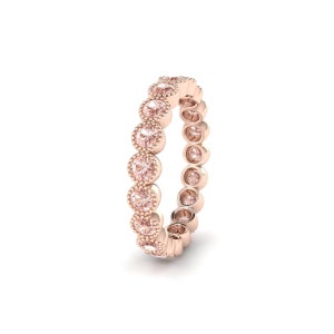 14K Rose Gold Morganite Full Eternity Wedding Band for Women, Natural Round Cut Pink Morganite Engagement Ring, Art Deco Matching Stack Ring