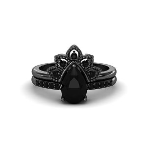 Vintage Black Onyx Engagement Ring, Silver Black Rhodium Art Deco Stacking Band, Pear Shaped Bridal Set, Unique Black Gemstone Wedding Ring