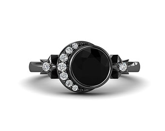 Black Onyx Crescent Moon Ring, Star Accents, 14K Black Gold