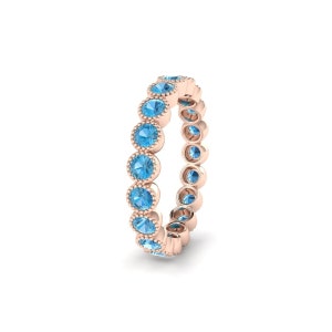 Swiss Blue Topaz Eternity Band Women 14K Rose Gold Blue Gemstone Engagement Ring December Birthstone Ring Milgrain Infinity Wedding Band