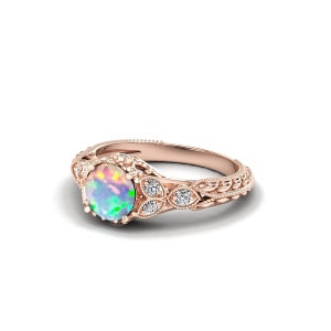 Art Deco White Opal Engagement Ring for Women in 14K/18K Gold, Vintage Handmade Alternative Ring, Prong Set Unique Wedding Anniversary Ring