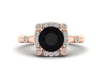 Round Cut Black Onyx Halo Engagement Ring for Women in 14K Rose Gold, Vintage Art Deco Promise Ring, Black Gemstone Wedding Anniversary Gift