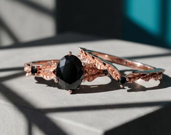 Oval Black Onyx Bridal Set, Botanical Leaf Band, Moissanite Accents, Custom Sizes