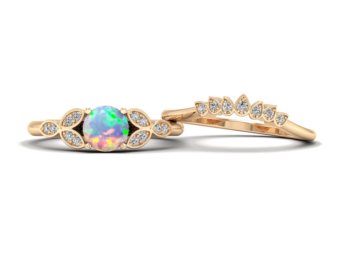 Opal Rose Gold Wedding Engagement Ring Set Vintage Opal | Etsy