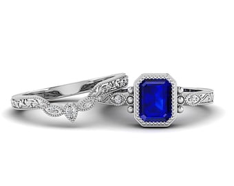 White Gold Emerald Cut Lab Blue Sapphire Bridal Set | 2 Piece Classic Wedding Ring