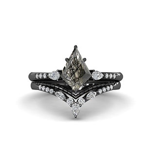 Vintage Rutilated Quartz Kite Shaped Engagement Ring for Women, Art Deco Bridal Ring Set, Black Rhodium Kite Shaped Wedding Anniversary Ring