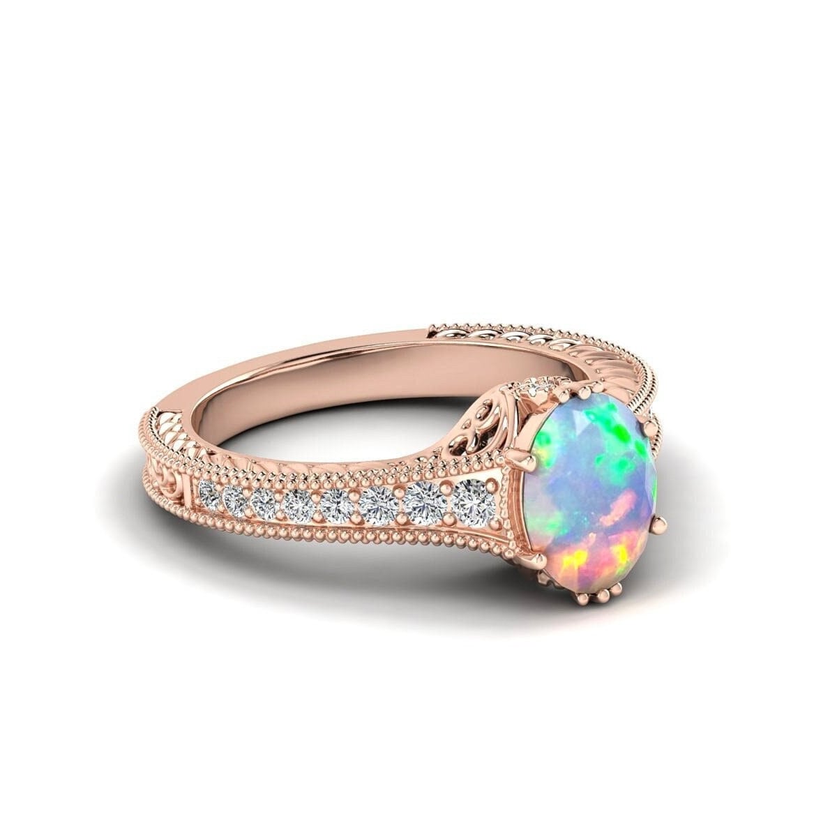 Vintage Art Deco Opal Engagement Ring Oval Wedding Ring White Opal 14K Rose Gold Bridal Ring October Birthstone Unique Silver Promise Ring