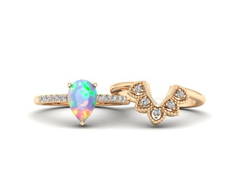 Handmade Pear Opal Engagement Ring Set: Rose Gold Art Deco Bridal Rings