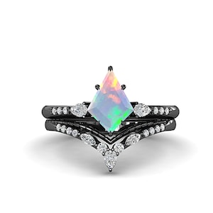 Kite Opal Engagement Ring Set, Art Deco Black Ring for Women, White Opal Bridal Set, Black Rhodium Wedding Ring, Opal Ring Sterling Silver