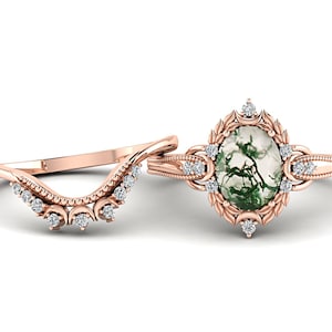 Nature Inspired Moss Agate Engagement Ring, Unique Green Stone Leaf Wedding Ring Set for Women, Sterling Silver Vintage Aquatic Agate Rings