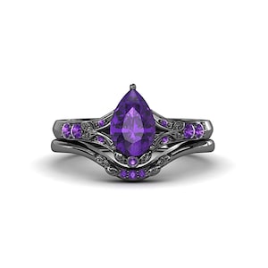 Black Silver Pear Amethyst Ring, Gothic Engagement Ring, Purple Wedding Set, Alt Bridal Jewelry, Unique Promise Ring, Custom Bridal Gold Set