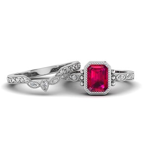 White Gold Emerald Cut Lab Ruby Bridal Set | 2 Piece Classic Red Engagement Ring