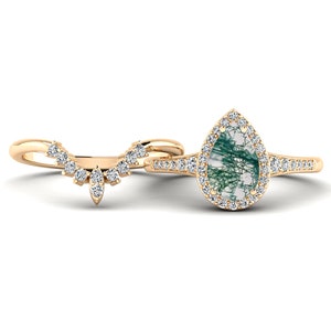 Pear Moss Agate Engagement Ring Set: 14K Rose Gold Wedding Band
