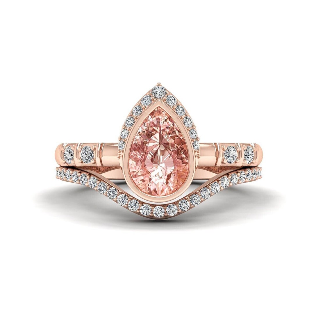 14K Rose Gold Pear Morganite Engagement Ring Set: Bezel Diamond Ring - Etsy
