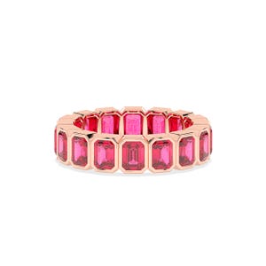 Rose Gold Emerald Cut Ruby Eternity Band, Octagon Wedding Ring