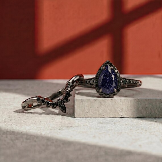 Pear Blue Sandstone Ring Set, Black Rhodium Halo, Wedding Band, Custom Sizes