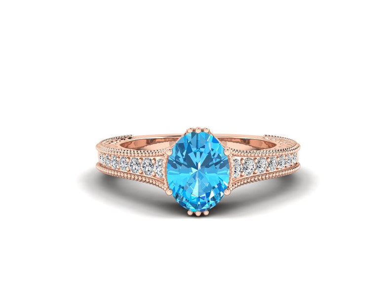 Swiss Blue Topaz Engagement Ring Antique Rose Gold Wedding Ring Oval Blue Gemstone Ring For Women Silver Art Deco Bridal Anniversary Ring