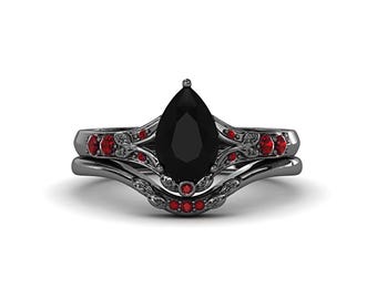 Black Gold Pear Onyx Engagement Ring Set: Gothic Garnet Accents