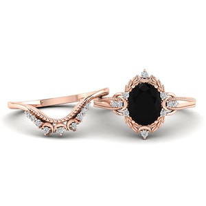 Oval Black Onyx Engagement Ring Set: Rose Gold Art Deco Bridal Ring