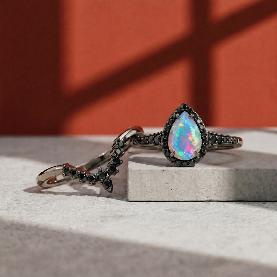 Gothic Pearl Rings Opal Ring | Black Gothic Engagement Ring | Pear Halo Dark Bridal ...