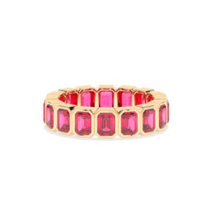 Yellow Gold Emerald Cut Lab Ruby Eternity Band, Octagon Anniversary Ring