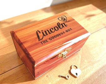 Engraved Cedar Pet Urn Box, Dog, Cat Memorial, Keepsake, Ashes, Wood Box, Chest, personalized