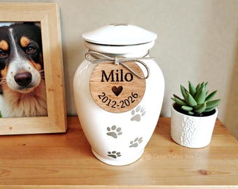 Paw print Dog Urn| White Stainless Steel Container for Ashes,  Memorial Keepsake, Pet Cremation Urn