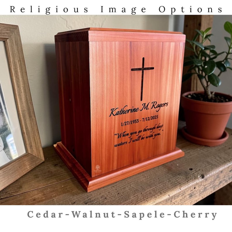 Walnut Cross Urn, Cedar Cremation Urn, Cherry Human Urn, Urn for Ashes, Cremation Box, Crucifix, Religious imagen 1