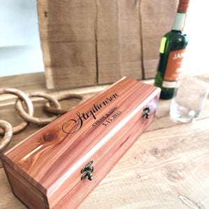 Cedar Bottle Box with lock  or latch, Engraved Spirits Box, Anniversary, Wedding Gift, Groomsman Gift, Wood Box, Bourbon, Whiskey, Vodka