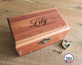 Personalized Cedar Keepsake Chest, Custom Engraved Wooden Memory Chest,  Box with Lock and Key, Small Wooden Treasure Trinket Box