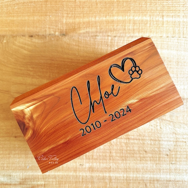 Engraved Cedar Pet Urn Box, Dog, Cat Memorial, Keepsake, Ashes, Wood Box, Chest, personalized