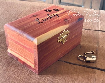 Cedar Pet Urn, Engraved Pet Urn, Cedar Urn, Cat Urn, Dog Urn, Engraved Cedar Box, Paw Print, LUCKY, Slide Urn or Chest Urn with heart lock,