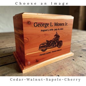Custom Image Human Urn, Wooden Urn for Ashes, Cremation Urn, Cedar Box, Motorcycle, Deer, Tree of Life, Mountains, Flag, Cherry, Walnut imagen 1