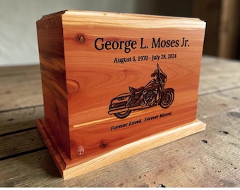 Custom Image Human Urn, Wooden Urn for Ashes, Cremation Urn, Cedar Box, Motorcycle, Deer, Tree of Life, Mountains, Flag, Cherry, Walnut