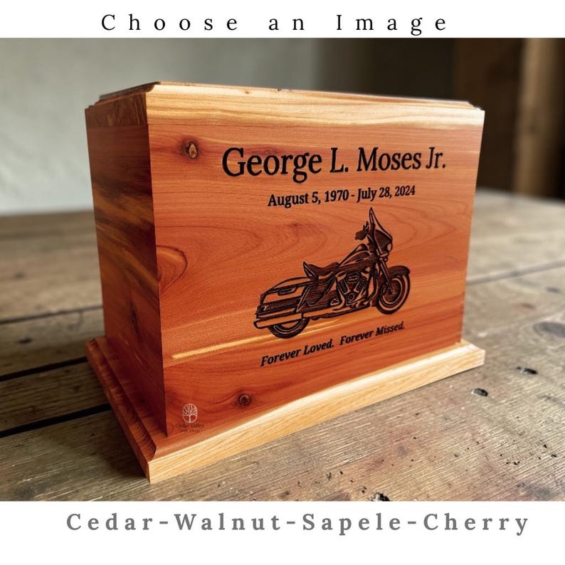 Custom Image Human Urn, Wooden Urn for Ashes, Cremation Urn, Cedar Box, Motorcycle, Deer, Tree of Life, Mountains, Flag, Cherry, Walnut imagen 1