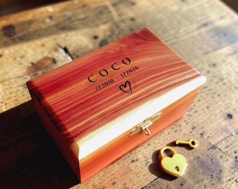 Engraved Cedar Pet Urn Box, Personalized Dog Cat Memorial Chest, Wooden Custom Pet Loss Gift, Memory Keepsake Box for Dog Ashes with Lock