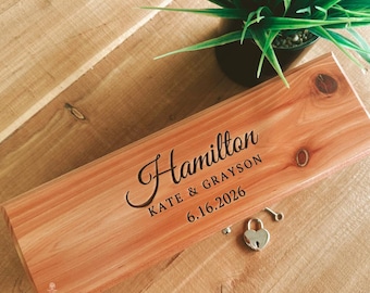Custom wedding wine box - Personalized wooden ceremony, love letter, vow box - lockable, Cedar Valley engraved gift