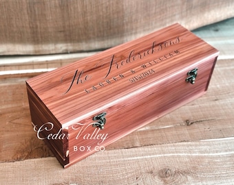 Engraved Cedar Champagne Box for large bottles, Personalized, Wood Box with lock or latch,  Spirits Box, Bourbon Box, Wedding Gift