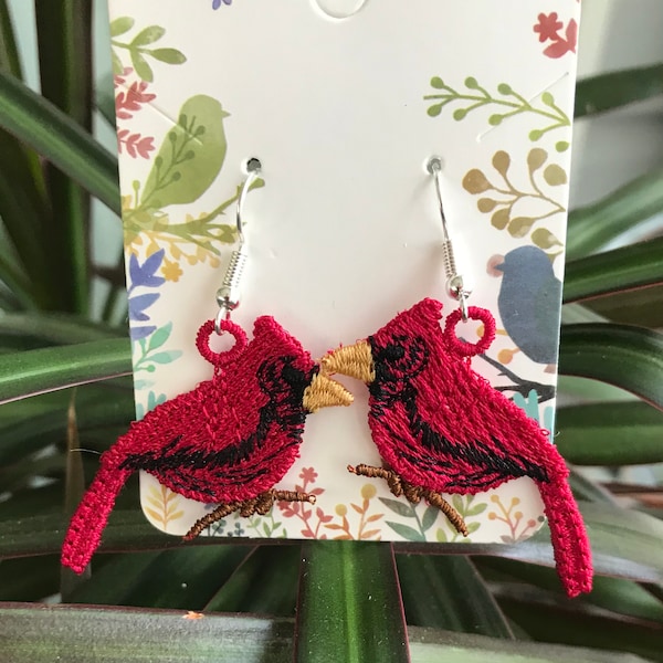 Beautiful Embroidered Cardinal Earrings, perfect for Birthdays or Anytime!