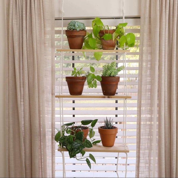 Hanging Plant Shelf- Indoor Planter - Window Shelf - Tiered Hanging Shelf - Rope Shelf