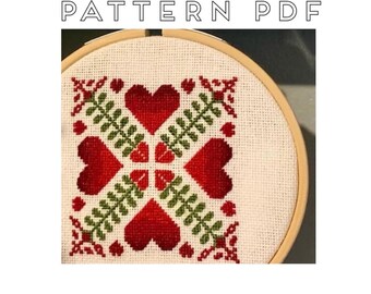 Scandinavian Inspired Quilt Square Style Hearts Cross Stitch Pattern