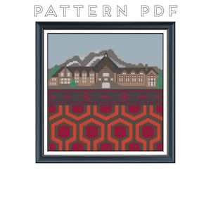 May include: Cross stitch pattern featuring a stylized image of the Overlook Hotel from the movie "The Shining" with the iconic red and black carpet pattern.