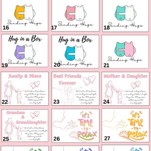 May include: A selection of greeting cards with diverse designs. Some cards display cartoon hippo-like characters with the text "Sending Hugs" and "Hug in a Box." Other cards feature line drawings with text such as "Aunty & Niece" and "Best Friends Forever."