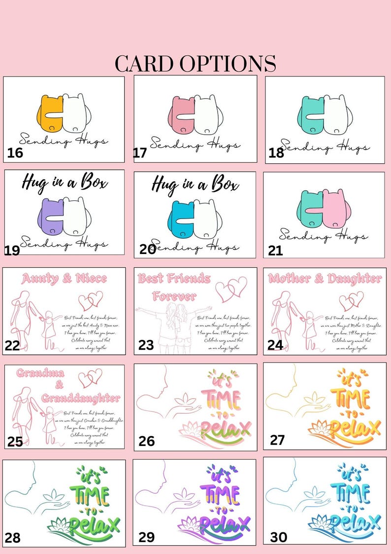 May include: A selection of greeting cards with diverse designs. Some cards display cartoon hippo-like characters with the text "Sending Hugs" and "Hug in a Box." Other cards feature line drawings with text such as "Aunty & Niece" and "Best Friends Forever."