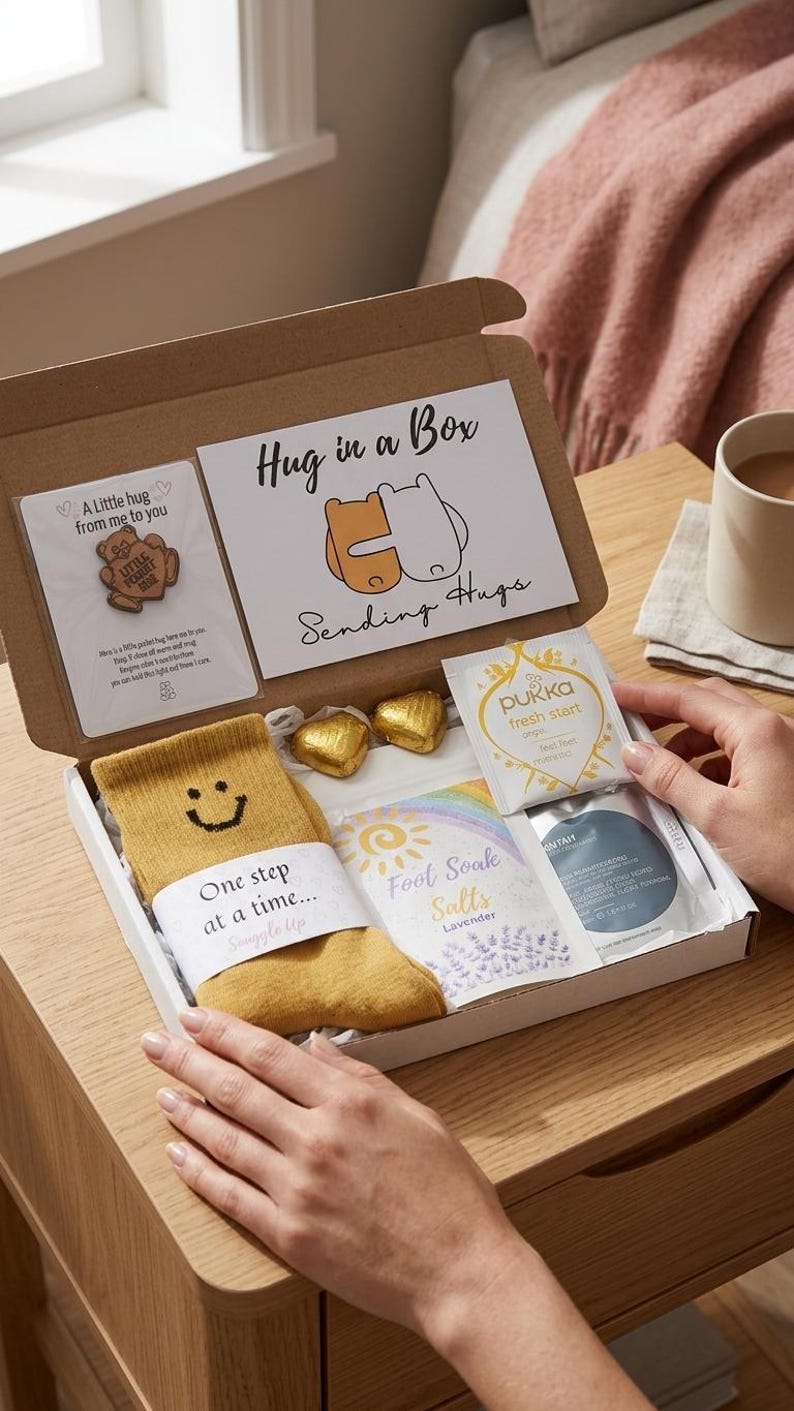 May include: An open gift box labelled "Hug in a Box" with a yellow sock, chocolates, tea, and foot soak salts. The box also contains a pin and a card with the words "Sending Hugs". The box is on a wooden surface.