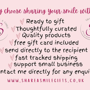 May include: A pink graphic with handwritten text promoting a gift service. The text highlights features such as 'Ready to gift', 'Quality products', and 'Fast tracked shipping'. The logo 'SHARE A SMILE' is displayed.