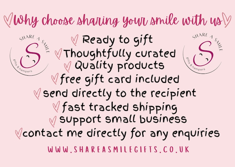 May include: A pink graphic with handwritten text promoting a gift service. The text highlights features such as 'Ready to gift', 'Quality products', and 'Fast tracked shipping'. The logo 'SHARE A SMILE' is displayed.