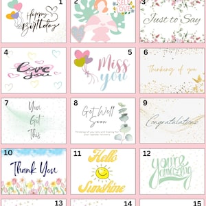 May include: A collection of greeting cards with diverse designs and messages. The cards feature phrases such as "Happy Birthday," "Love You," "Miss You," and "Thank You." Each card has unique illustrations and fonts, suitable for various occasions.