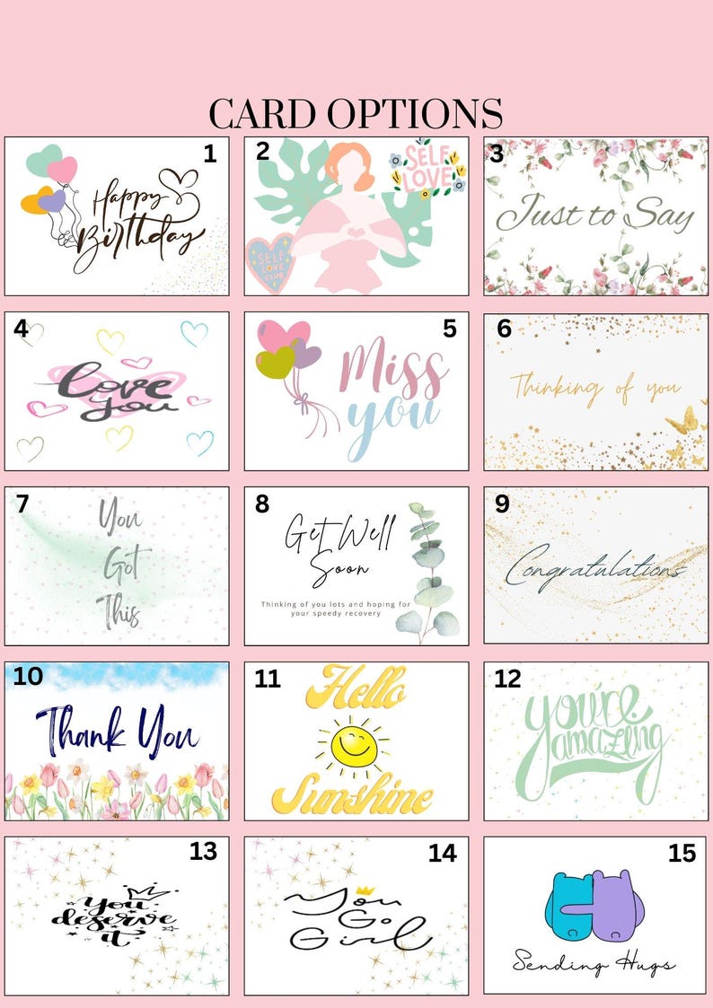 May include: A collection of greeting cards with diverse designs and messages. The cards feature phrases such as "Happy Birthday," "Love You," "Miss You," and "Thank You." Each card has unique illustrations and fonts, suitable for various occasions.