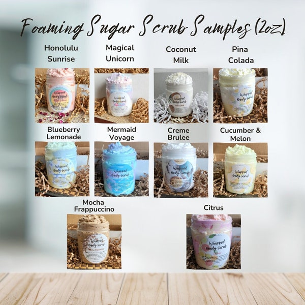 Foaming Sugar Scrub Samples.Whipped Body Scrub.Exfoliating.2oz.